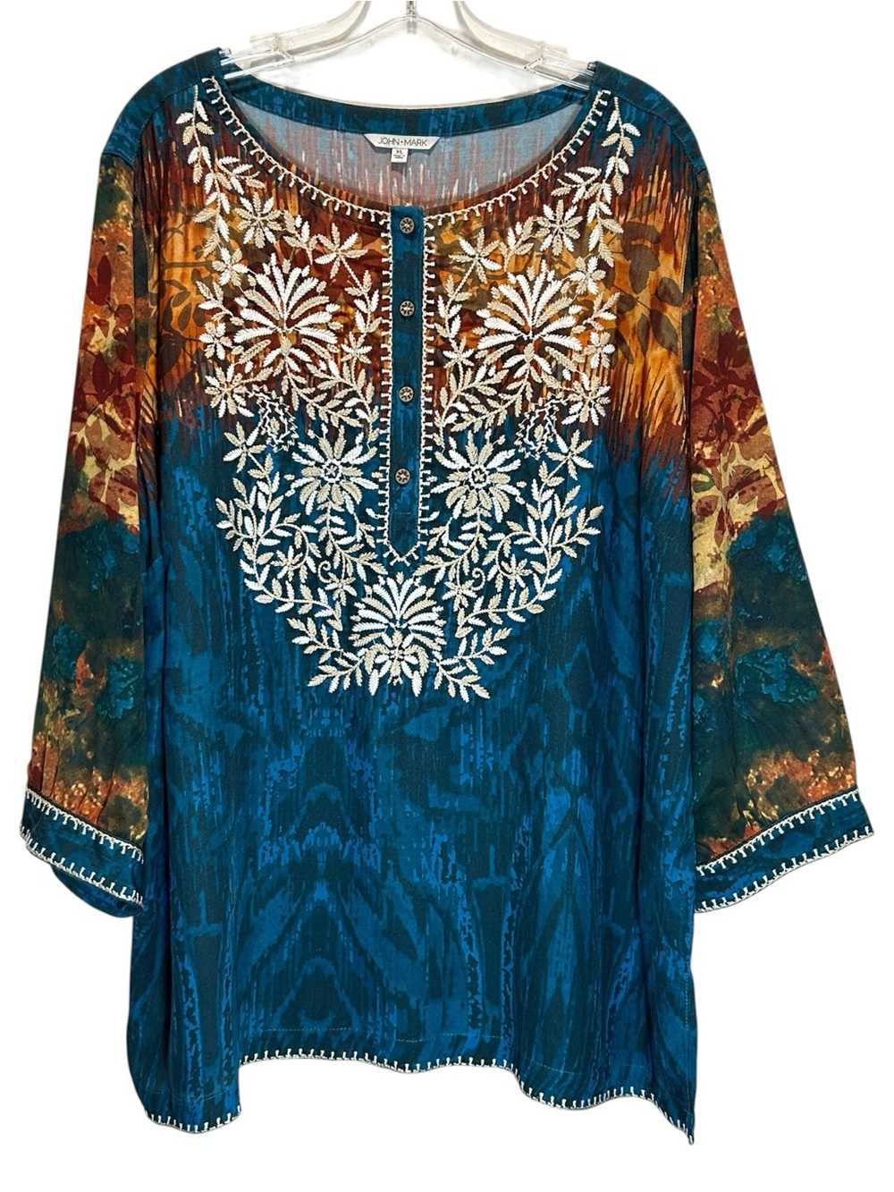 NWT John Mark Teal & Rust Embroidered Relaxed Fit Boho Tunic - Extra Large